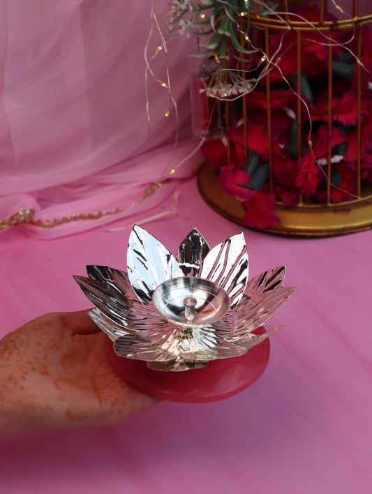 German Silver Lotus Diya with Raisin Base