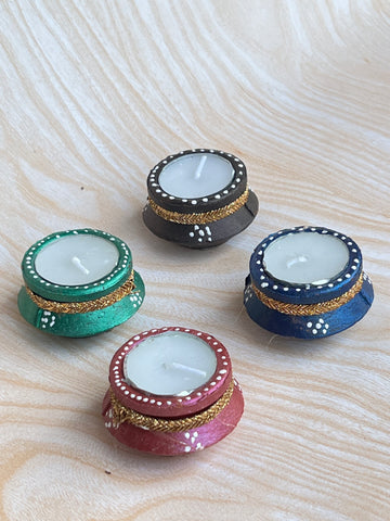 Hand-painted Clay Diya Candles - Set of 4