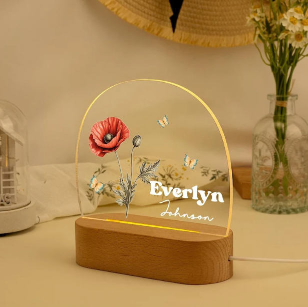 3D Custom Name Floral Acrylic Night Lamp